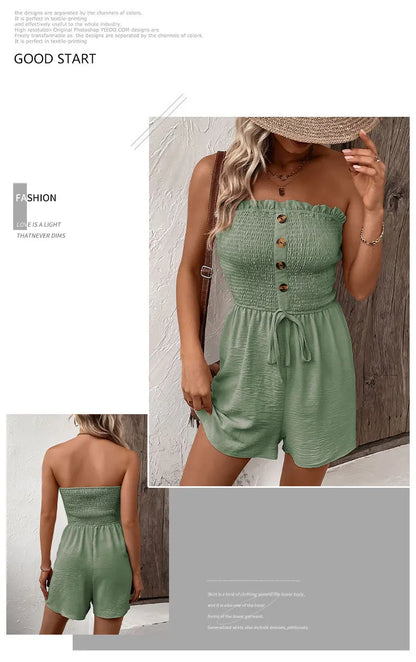 Summer Fashion Splicing Women's Solid Color Sexy Sleeveless Bra Button Tie Waist Casual Comfortable Jumpsuit Shorts 3/4