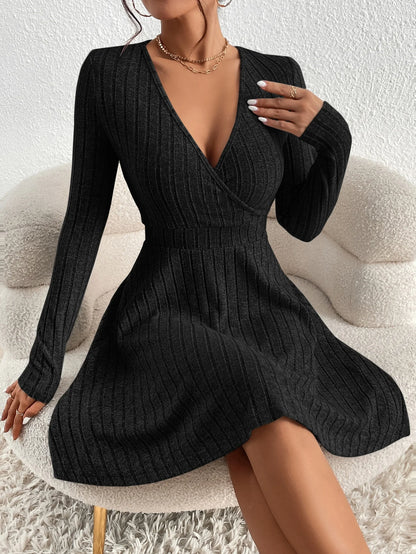 New for autumn/Winter 2024 Women Knit Slim Sexy Bodycon Dress V-Neck Long Sleeve Dress Solid Casual Midi Sweater Dress black 07468-2