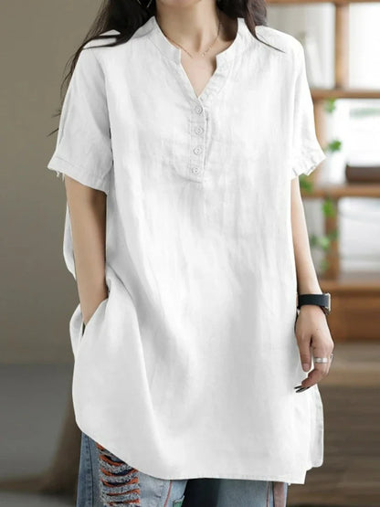 2024 Summer Fashion Cotton and Hemp Women's Shirt Commuting Style Casual Half Open Short Sleeve Casual Shirt Top
