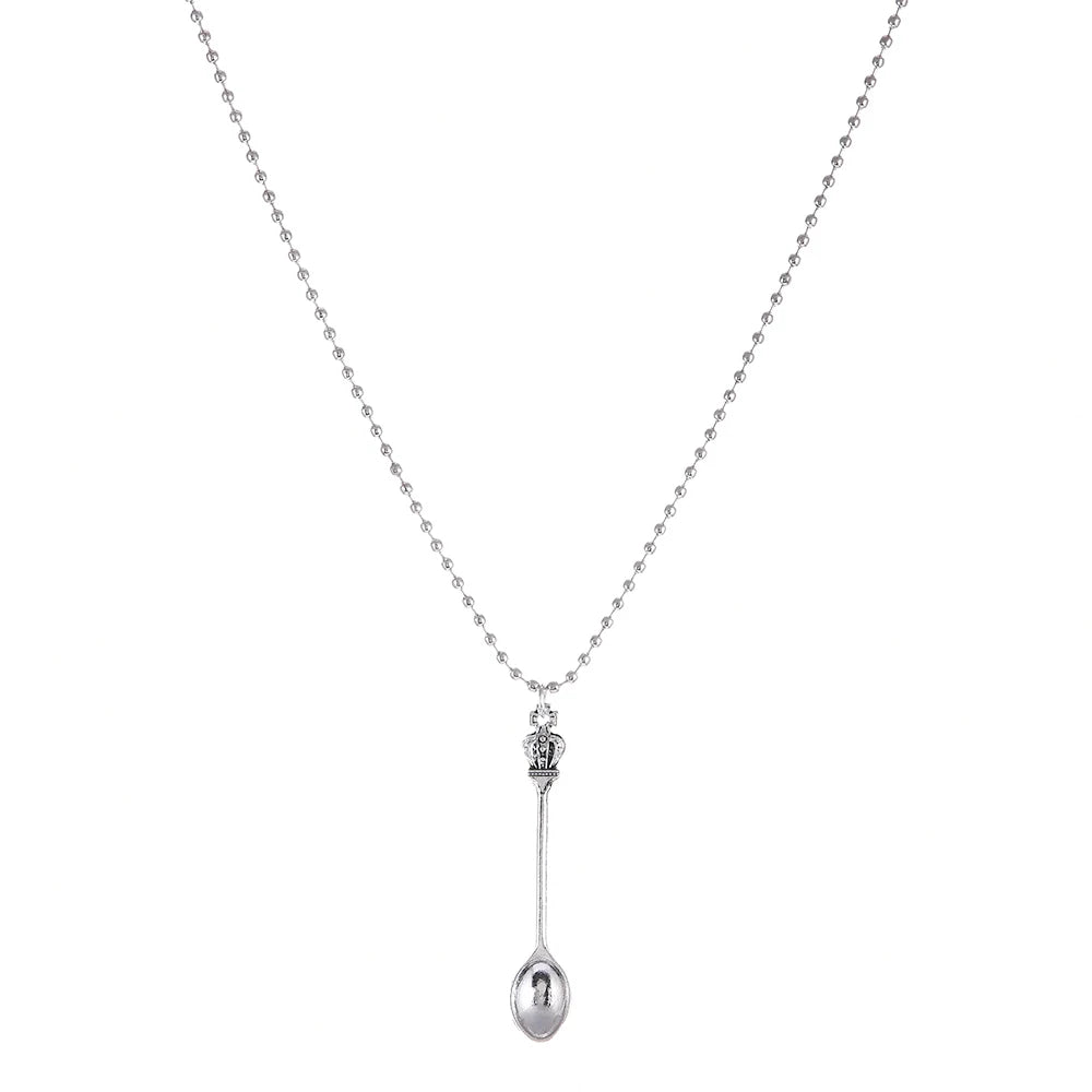 Fashion Women Men Crown Mini Tea Spoon Shape Pendant Long Chain Necklace Sweater Metal Chain Necklace Jewelry