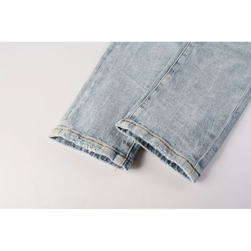 Men's American High Street Fashion Distressed Washed Classical Blue Damaged Holes Stretch Skinny Button Fly Jeans Pants