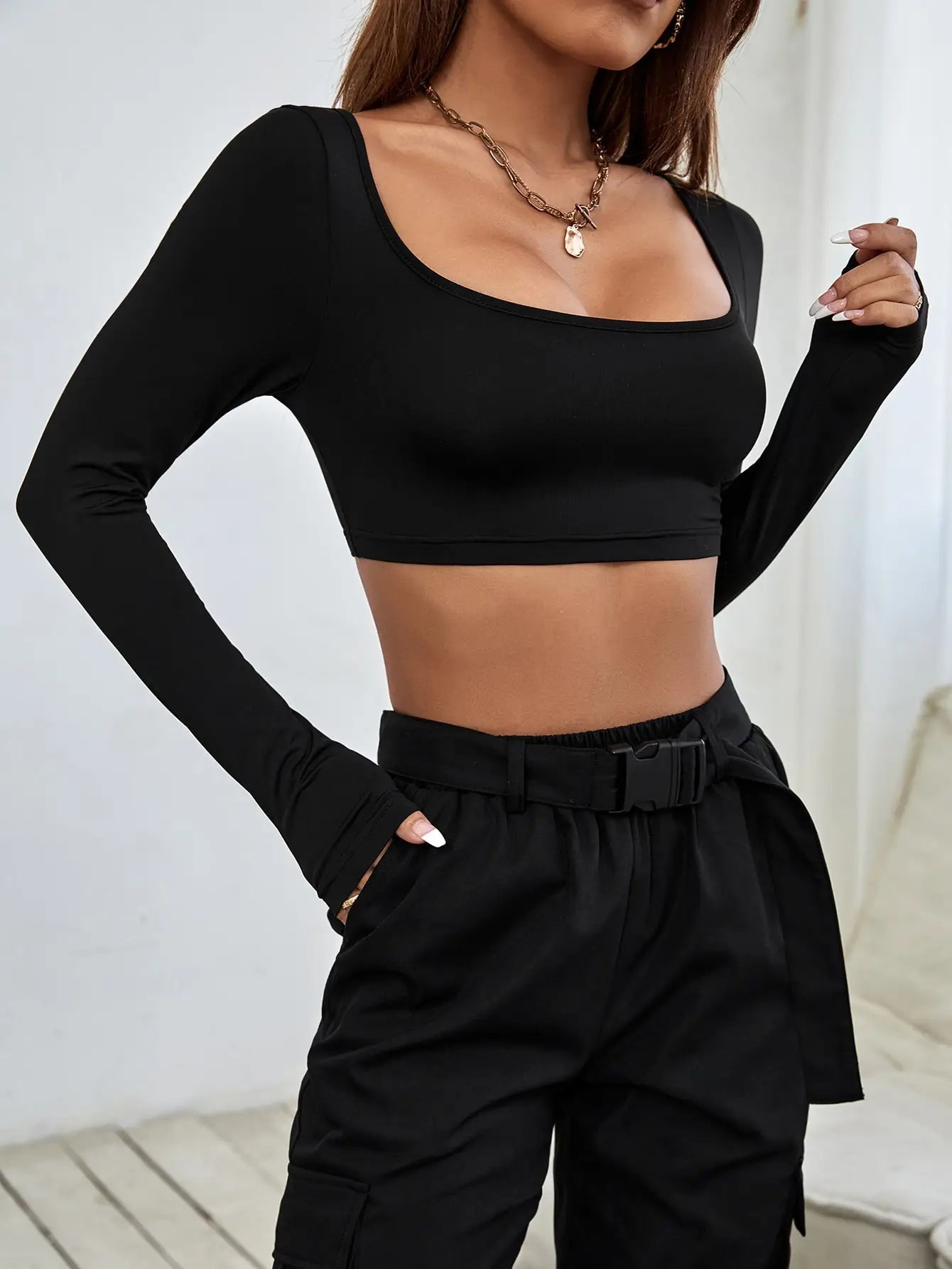 Hottie Sexy High Street Short Long Sleeve T-shirt Women's Knitted Road Belly Button Low Neck Tight Top