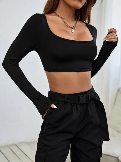Hottie Sexy High Street Short Long Sleeve T-shirt Women's Knitted Road Belly Button Low Neck Tight Top