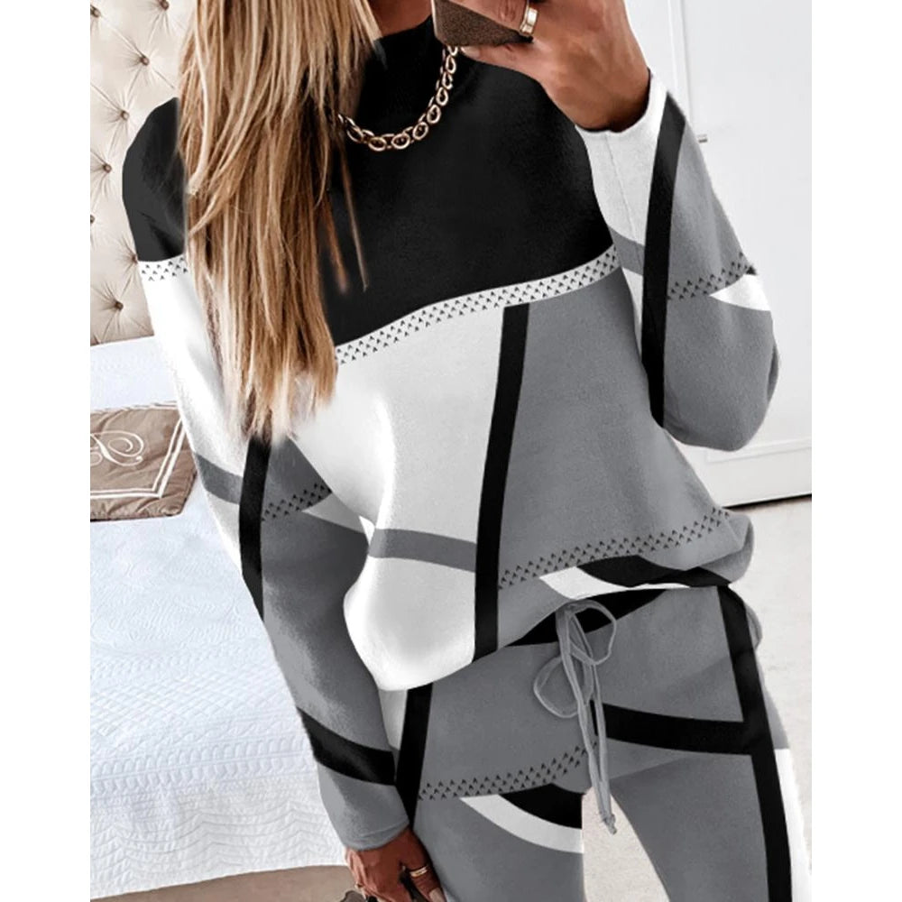 Women Casual Two Piece Sets Fashion Geometric Print O-Neck Long Sleeve Tops and Drawstring Pencil Pants Sets Office Lady Outfits Badiee Stylez