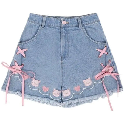 Women's Denim Shorts Strap Cute High Waist Bow Kawaii Female Short Jeans Pants Elegant New in To Wear Stretchy Trend 2025 Casual Blue Denim Shorts
