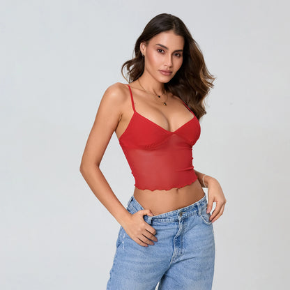 Women Camisole Tops Spaghetti Straps Tulle Patchwork Slim Fit Tank Tops Party Club Sexy Vinateg Corset Cropped Top Summer Red