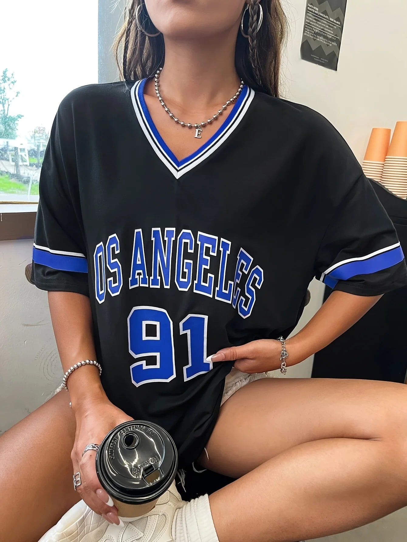 Women's Large Printed T-shirt Los Angeles 91 Letter Short Sleeve V-neck Loose Street Wear Sports Jersey Spring/Summer Tshirt Top WCL31705