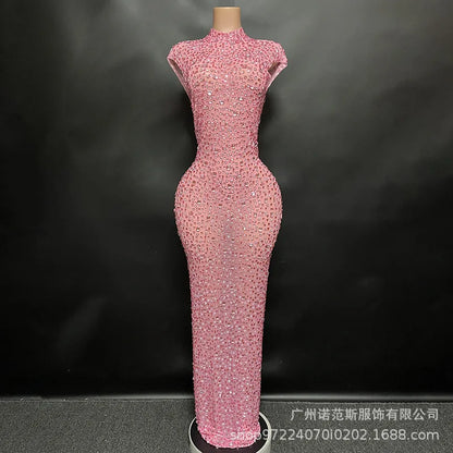 Sexy Full Drill Elastic Slim Fit Sleeveless Long Dress - Hip Wrap, For Host Stage Catwalk & Engagement Evening High-Slit Dresses Badiee Stylez