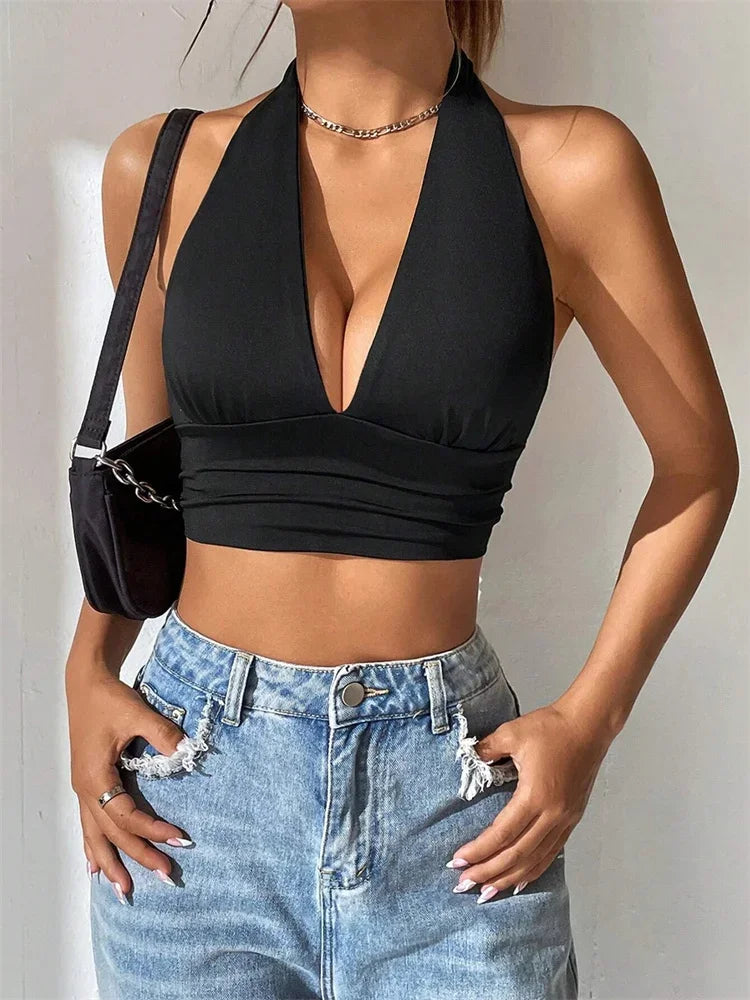 Solid Color Grunge Punk Backless Halter Top Women Summer 2024 Sexy Sleeveless Deep V-neck Crop Tops Streetwear Y2K Clothes black