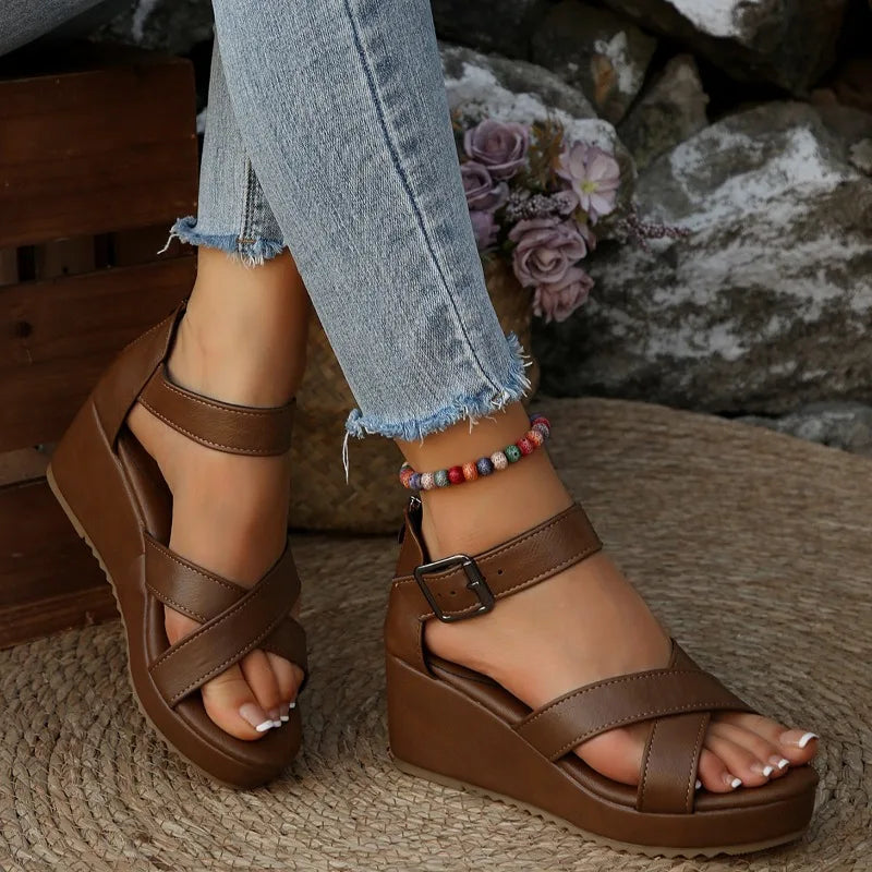 Roman Style Thick Heel Sandals Women's Summer Fashion Large Size Belt Buckle High Heels Platform Slippers PU Leather TPR