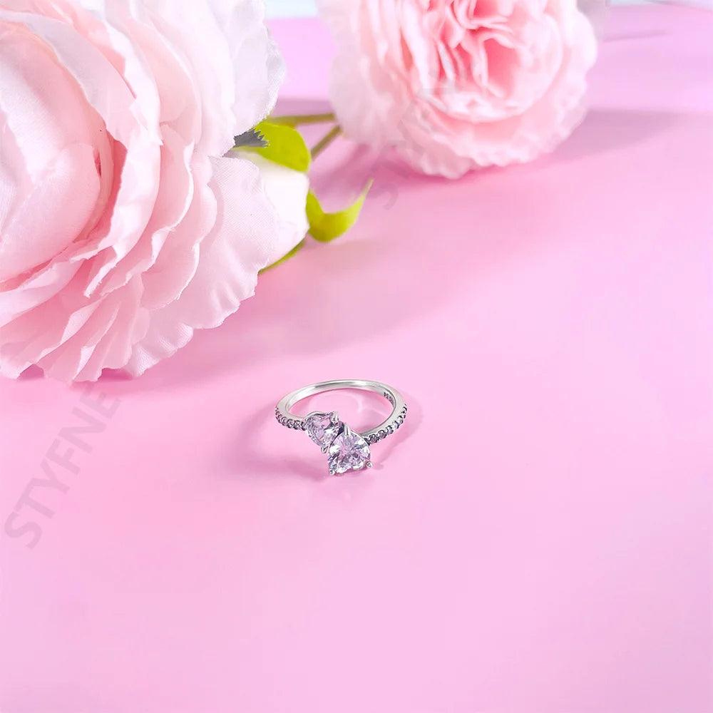 Women 925 Sterling Silver Eternal white Heart-Connected Rings Jewelry Anniversary Birthday Fashion Gifts for Mother Wife Girls