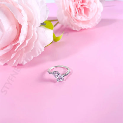 Women 925 Sterling Silver Eternal white Heart-Connected Rings Jewelry Anniversary Birthday Fashion Gifts for Mother Wife Girls