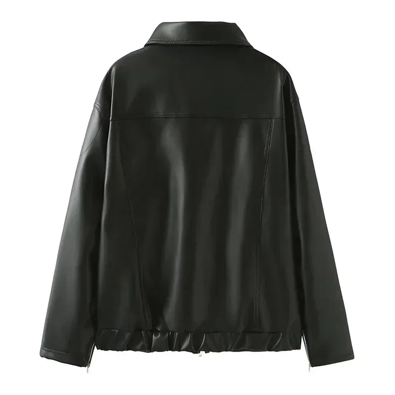 Zekye Vintage Women's Faux Leather Jacket Autumn Winter Lapel Collar Bow Detail Zipper Overcoat Fashionable Outerwear