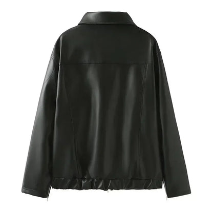 Zekye Vintage Women's Faux Leather Jacket Autumn Winter Lapel Collar Bow Detail Zipper Overcoat Fashionable Outerwear