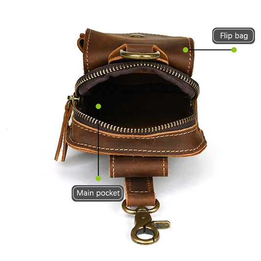 Hardware Clasp Waist Bags Men First Layer Genuine Leather Hang Bag Cowhide Wallets through the belt Zipper Retro Phone Purse