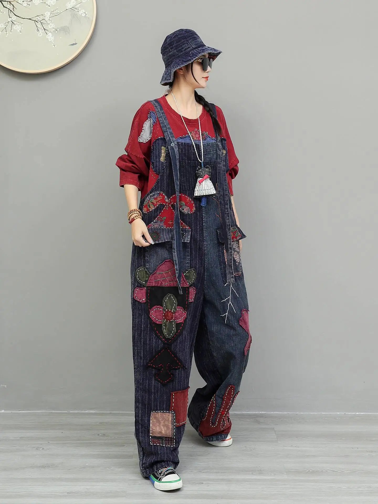 Hand Embroidery Old Cloth Patchwork Wide Leg Strap Long Pants Women Autumn Loose High Waist Jumpsuit LX4343 Badiee Stylez