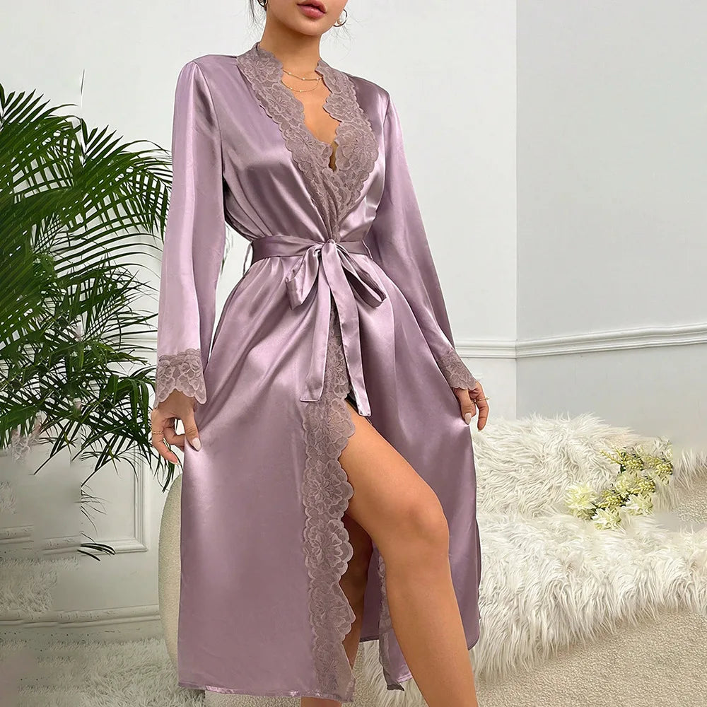 New Long Bathrobe Sexy Lace Light Luxury Long Sleeve Velvet Robe Bathrobe Bathrobe Home Wear