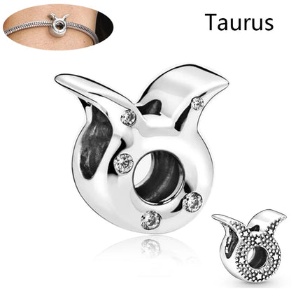 Authentic 925 Sterling Silver Sparkling Aries Leo Scorpio 12 Zodiac Signs Constellation Charm Beads Fit Pantaro Bracelet Jewelry H148