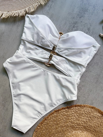 3 Colors Sexy Metal Rings Cut Out Women Swimwear One Piece Swimsuit Female Bandeau High Leg Cut Bather Bathing Suit Swim B022D