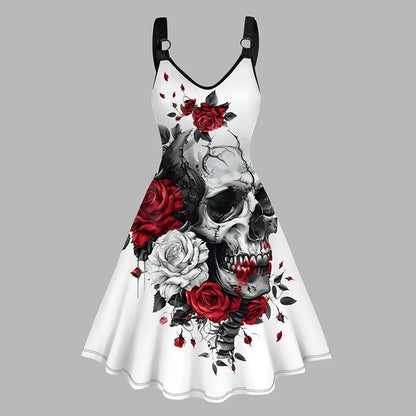 Dressfo Women's Summer Dresses Halloween Rose Injured Skull Print Hem V Neck Dress O Ring Straps Sleeveless A Line Tank Dress White