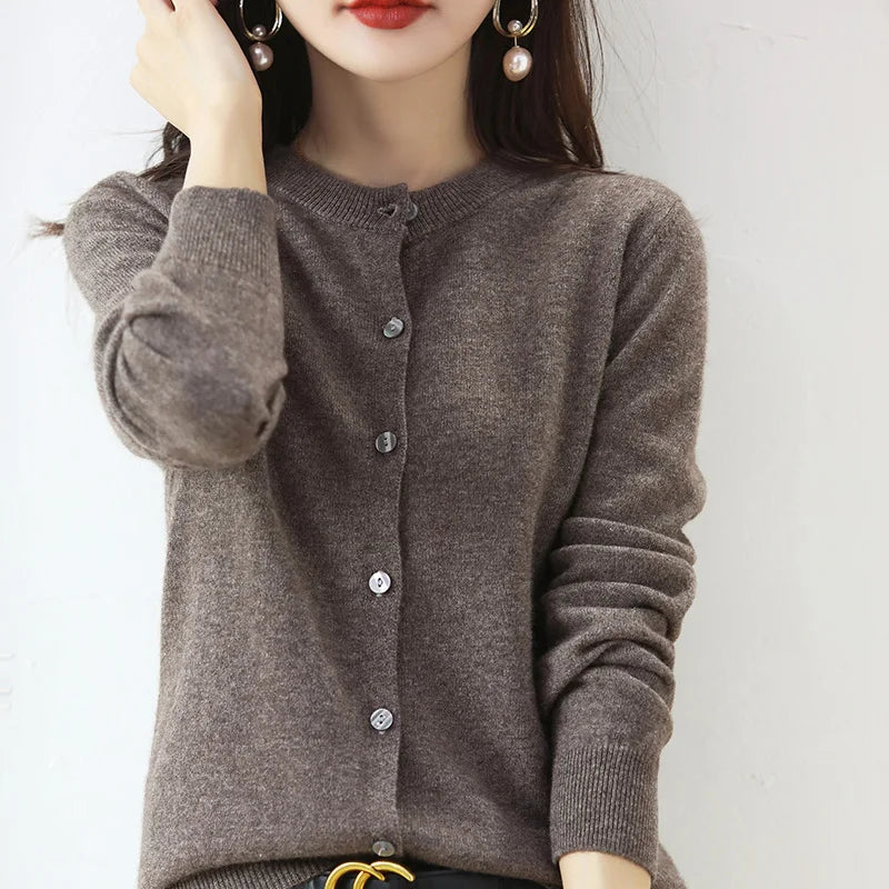 Knitted Cardigan Women's Sweater Autumn And Winter 2022 New Solid Color Coat Round Neck Short Long Sleeve Loose Korean Fashion Coffee Camel CHINA