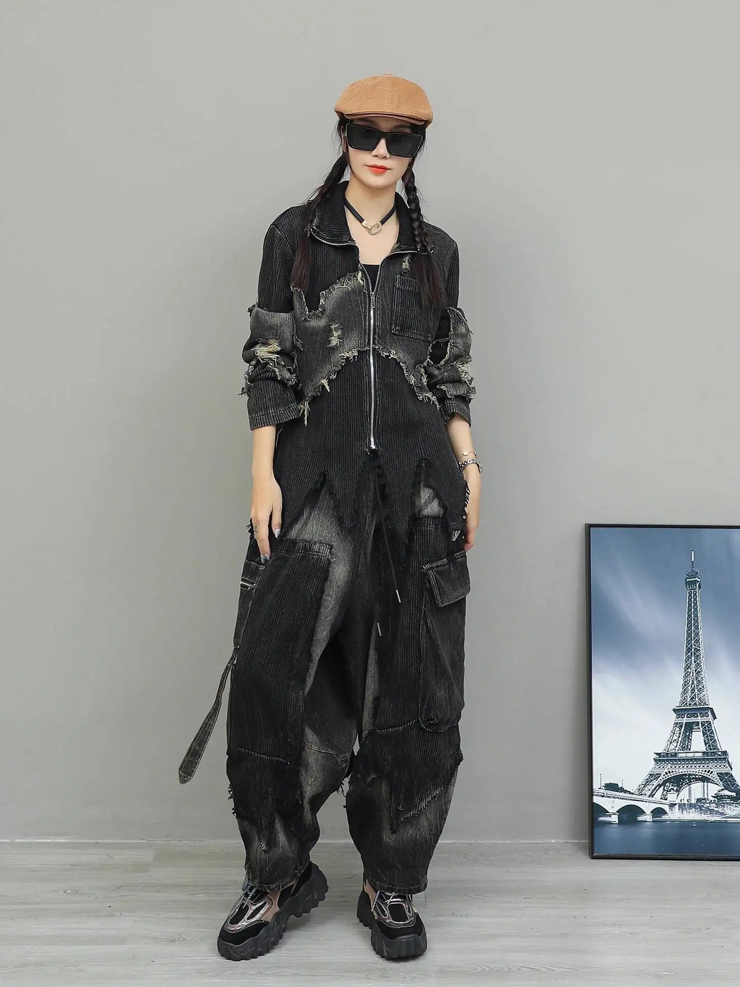 Trendy Cool Pant Set Women Autumn Vintage Denim Patchwork Long Sleeve Irregular Jacket + Harem Pants Two-Piece Set LX4331 Badiee Stylez