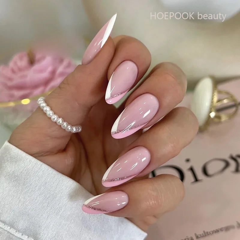 24pcs Nude French Fake Nails White Edge Almond False Nails Art Full Coverage Removable Waterproof Artificial Press on Nail JP2563