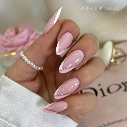 24pcs Nude French Fake Nails White Edge Almond False Nails Art Full Coverage Removable Waterproof Artificial Press on Nail JP2563
