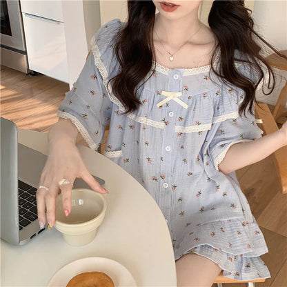 Summer New Women's Princess Style Sweet Pajamas Homewear Set Girls Lace Small Floral Summer Short-Sleeved Shorts Loose Pajamas
