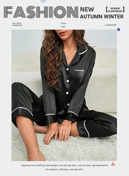 Spring Autumn Silk Pajamas Set for Women Casual Soft Nightwear Long Shirt Tops and Long Pants Cardigan Sleepwear Homewear