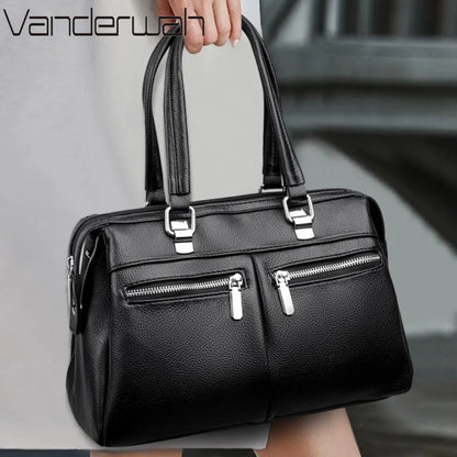Two Pockets Genuine Brand High Quality Leather Casual Tote Luxury Handbags Women Bags Designer Shoulder Hand Bags for Women Sac