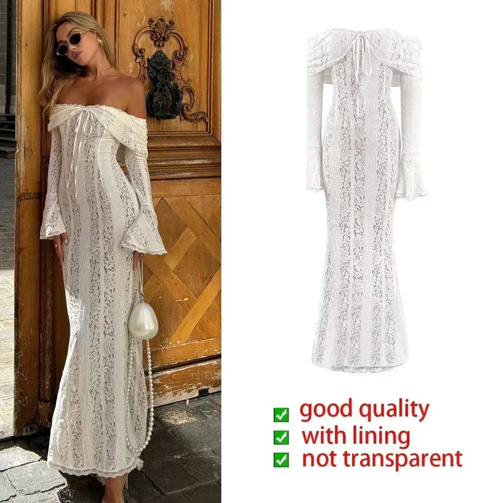 Suninheart White Off The Shoulder Autumn Bodycon Dress 2025 Long Sleeve Elegant Lace Maxi Dress Wedding Guest Dress for Women pattern 2