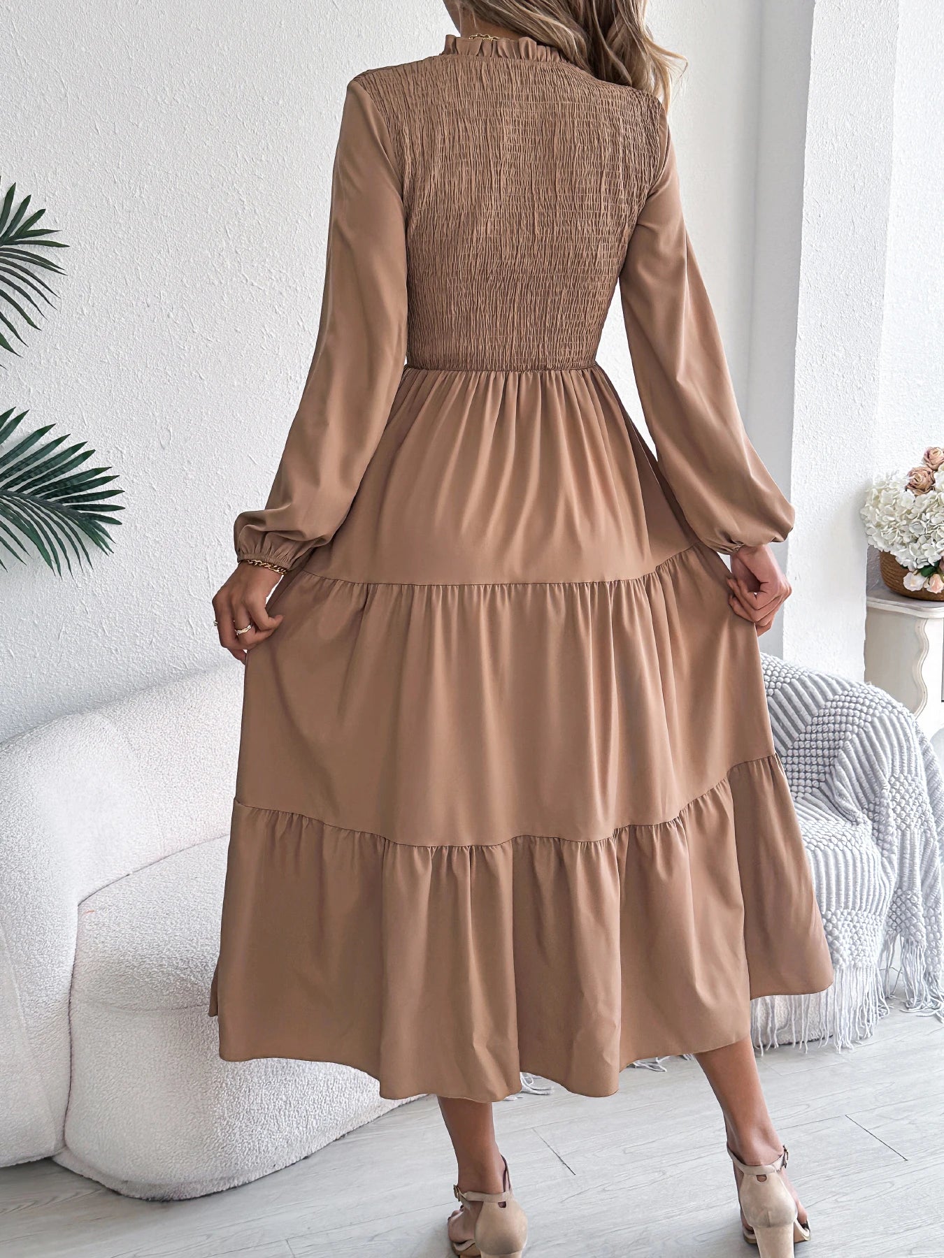 Autumn Winter Elegant Dresses for Woman Solid Color Round Neck Long Sleeve Ruffled Dresses Khaki Green Red