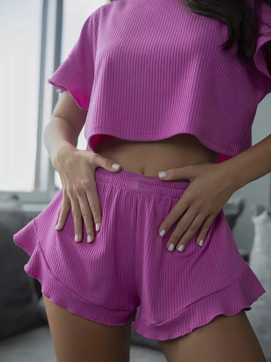 New Summer Women's Pajamas New Ruffled Loose Short Tops and Shorts Two-piece Set Women's Home Clothes rose Red