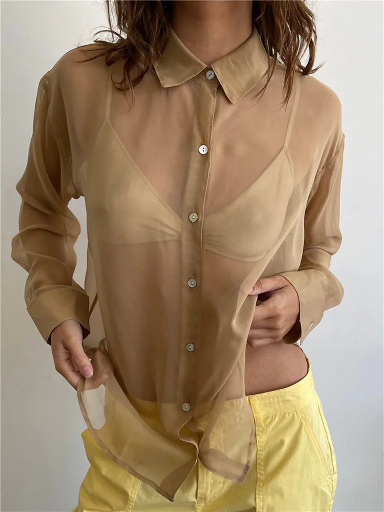 Womens Transparent Shirts Y2k Long Sleeve Lapel Button Down T-shirt Beach Cover Up Sexy Tops and Blouses Female Smock