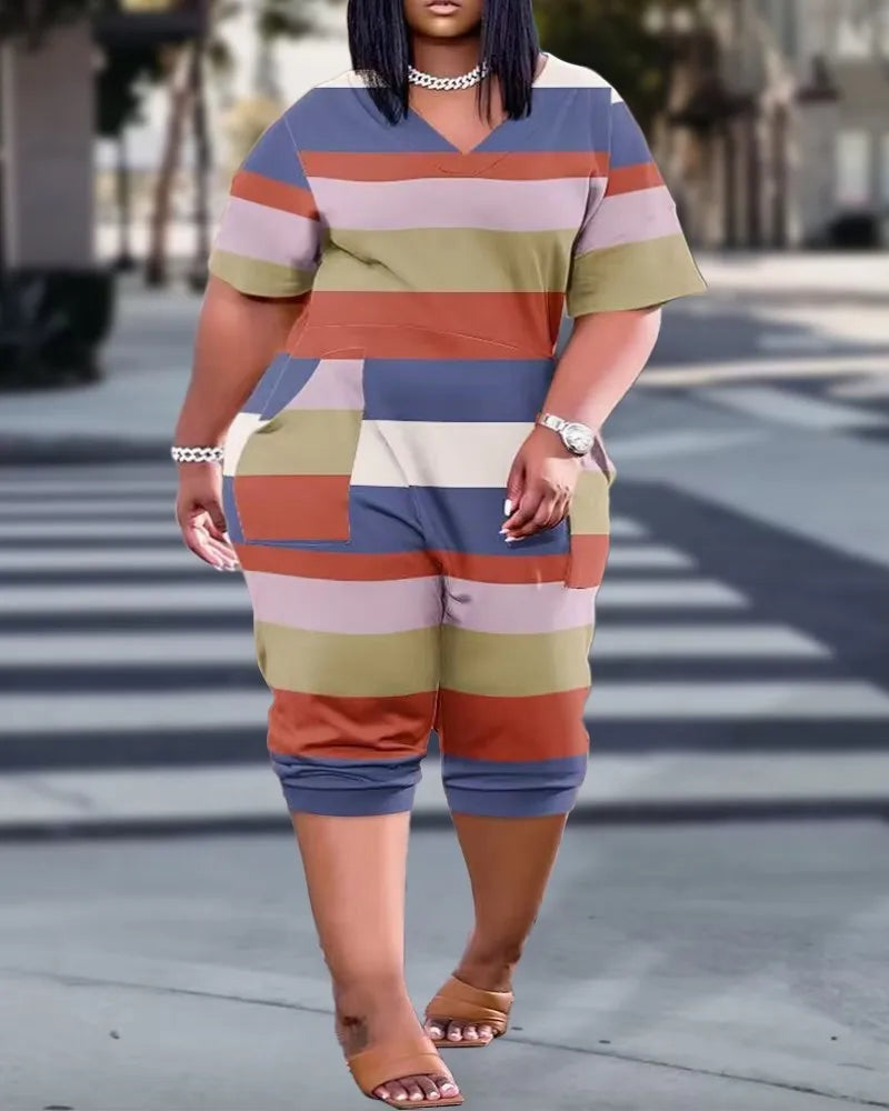 Plus size European and American cross-border summer loose V-neck stitched patch pocket print jumpsuit 5