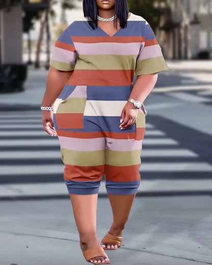 Plus size European and American cross-border summer loose V-neck stitched patch pocket print jumpsuit 5