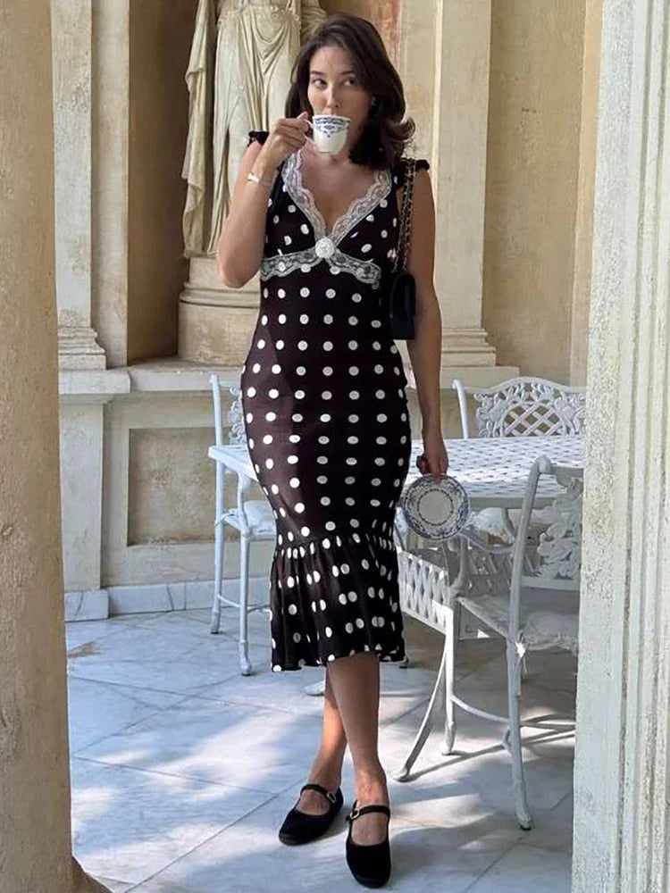 Polka Dot Ruched Dress Elegant Birthday Party Skinny Bodycon Sexy Backless Dress Women Flying Sleeve Lace Trim Applique