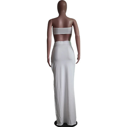 New Chic Gold Ring Bandeau Slit Skirt Two-Piece Set Womens Beautiful Off Shoulder Matching Skirt Set Nightclub Outfits Badiee Stylez