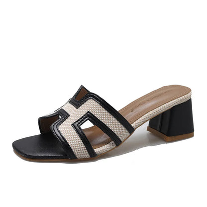 2025 Summer new arrival,fashion style grids high heel slippers for woman,thick heel outwear beach sandals for women black