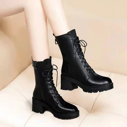2025 Autumn and Winter New Ma Boots Female British Mid-tube Boots Korean Short Boots Tide Flat Female Leather Boots Women Shoes black