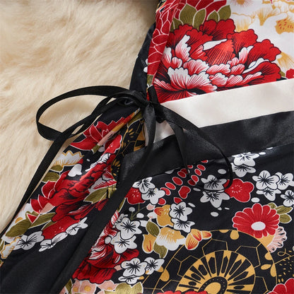 Japanese Sexy Print Kimono Slim Fit V-Neck Nightgown Loose Petal Sleeves Women's Erotic Lingerie Mini Irregular Patchwork Dress