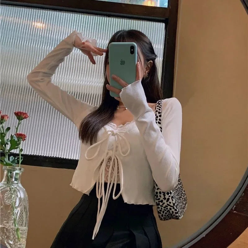 Casual Knitted Cardigan Women Fashion Thin Sunscreen Lace-Up Knitwear Tops Y2k Girls Korean Style Flare Sleeve Cropped Coat