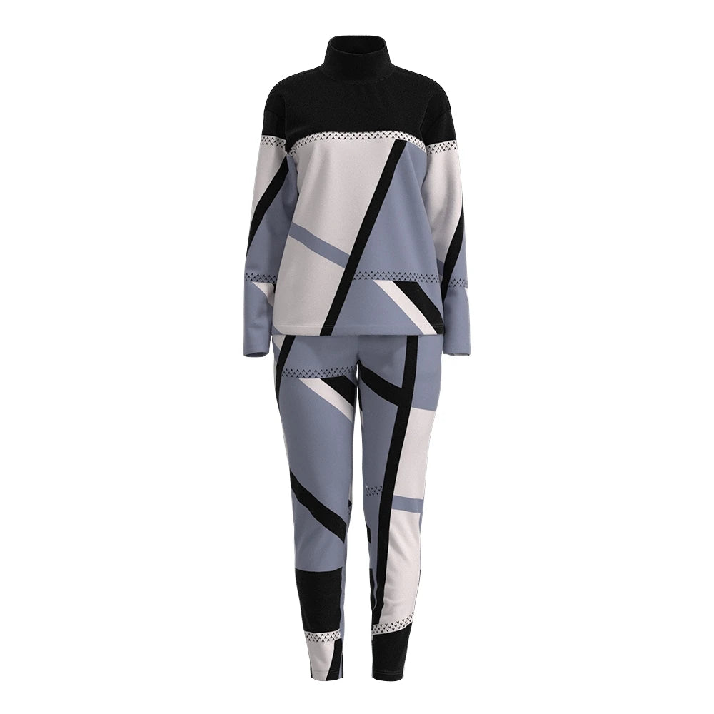 Women Casual Two Piece Sets Fashion Geometric Print O-Neck Long Sleeve Tops and Drawstring Pencil Pants Sets Office Lady Outfits Badiee Stylez