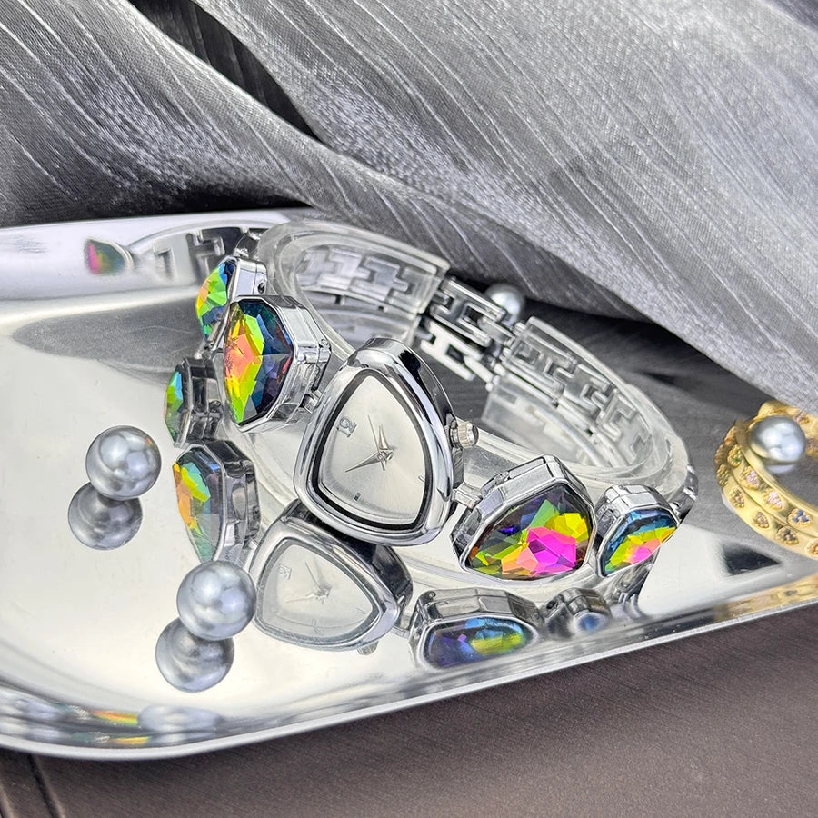 Women's irregular shape large sparkling special-shaped rhinestone simple sun pattern dial Fashion trend avant-garde quarts watch