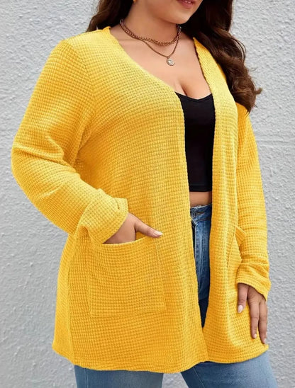 Plus size pure color pocket cardigan coat, casual long-sleeved shirt, suitable for spring and autumn wear, women plus size cloth SH109Huangse