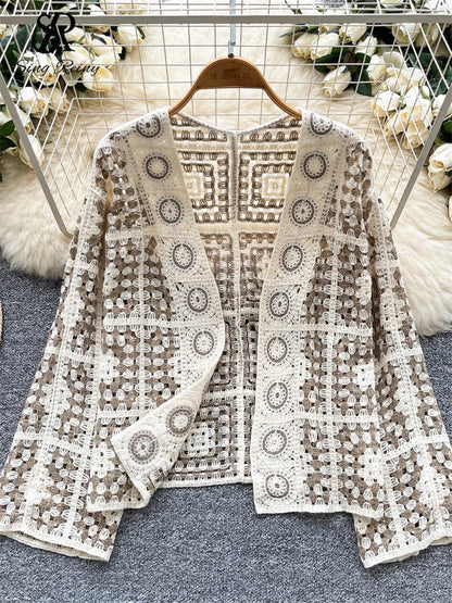 SINGREINY Vintage Boho Loose Plaid Cardigans Female Long Sleeves Hook Flower Hollow Tops 2025 Vacation Sunscreen Casual Shirt Badiee Stylez