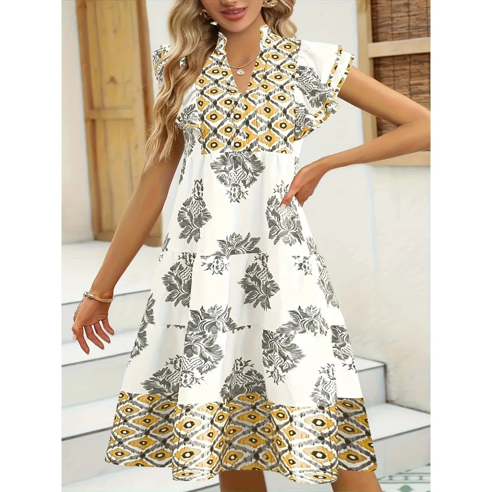 Plus Size Fashion Women's Elegant V-Neck Floral Print Dress Lightweight Long Sleeveless Summer Dress MULTI
