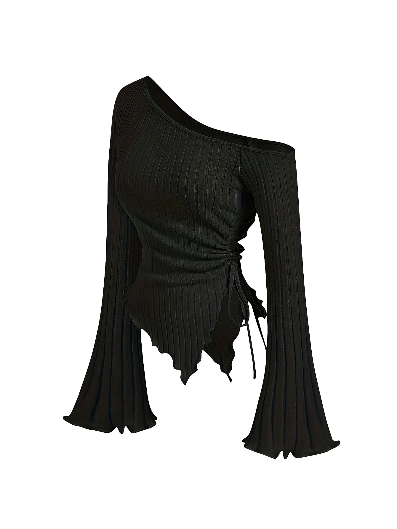 women's New off shoulder cross long sleeved slim fit casual street style asymmetrical elegant T-shirt trumpet sleeve top black