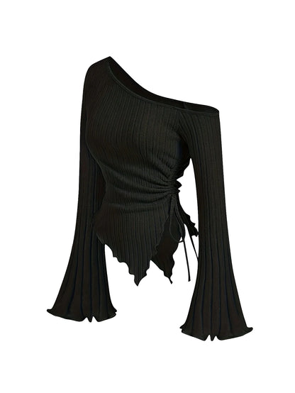 women's New off shoulder cross long sleeved slim fit casual street style asymmetrical elegant T-shirt trumpet sleeve top black